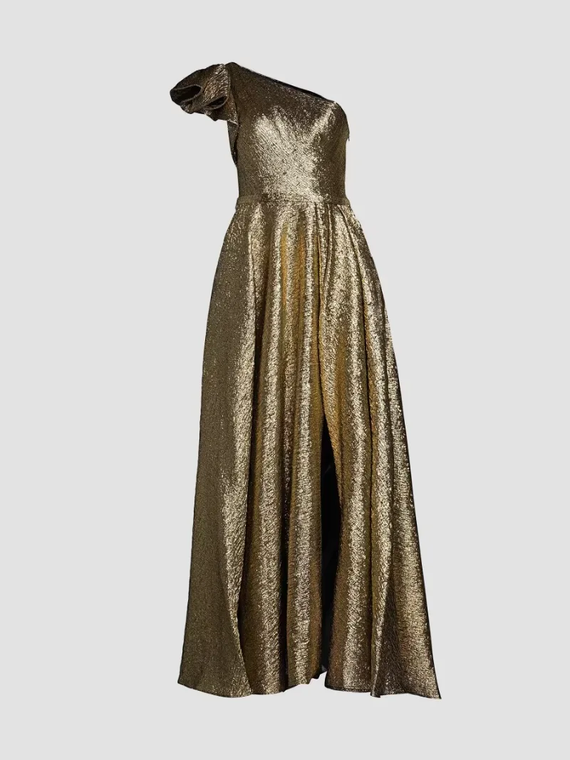 Mac Duggal Women's Asymmetric Metallic Pleated Ball Gown - Antique Bronze - Size 4