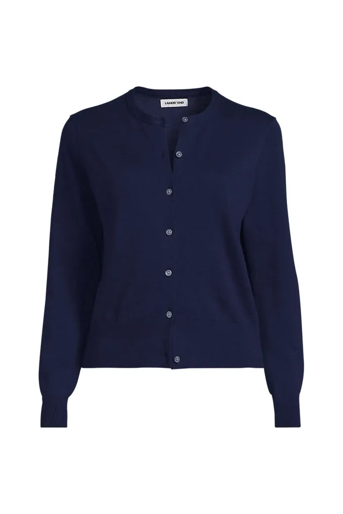 Women's Fine Gauge Cotton Crew Cardigan Sweater - Lands' End - Blue - L