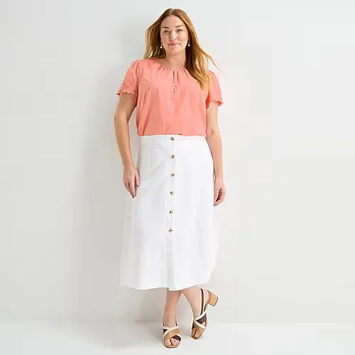 Liz Claiborne Womens Plus High Rise Midi A-Line Skirt, 18w, White