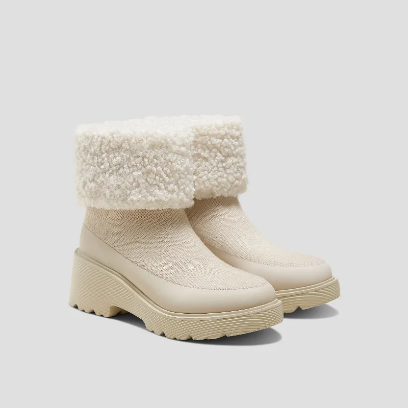 VIVAIA Faux Fur Platform Chunky Wedge Boots（Elaine）|CREAM IVORY WOOL|US 9.5