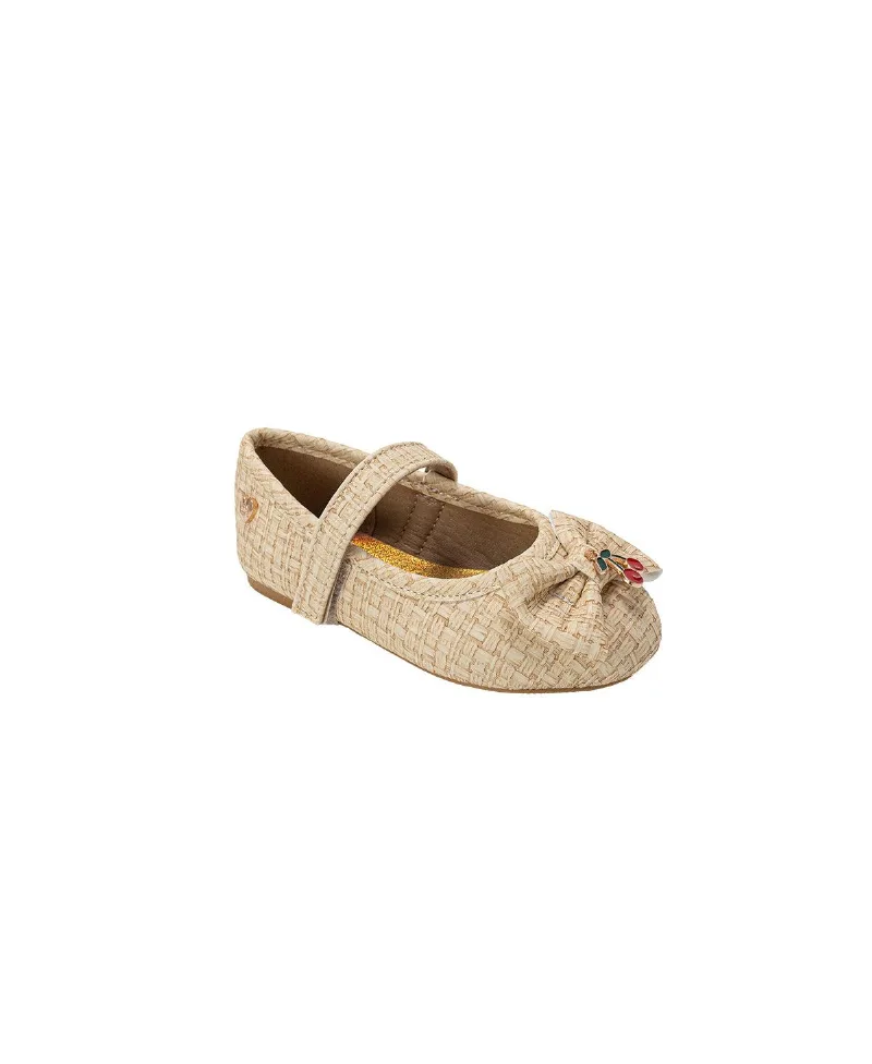 Bebe Big Girls Ballet Flat with Cherry Charm, Bow, and Heart Rivet - Tan
