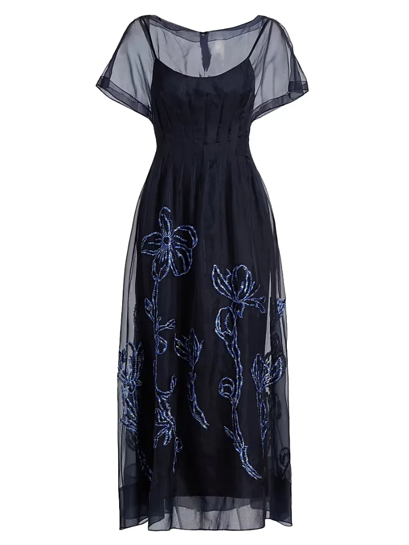 Lela Rose Women's Floral-Embroidered Organza Cocktail Dress - Navy Blue - Size 10