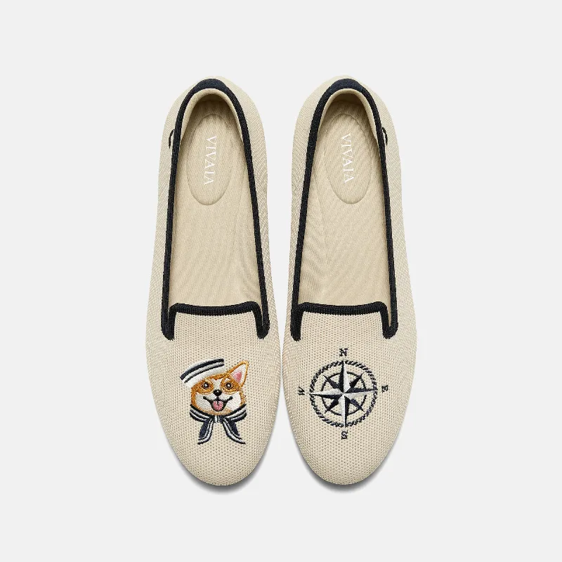 VIVAIA Round-Toe Embroidered Loafers (Audrey)|CREAM IVORY/NAVY|US 5