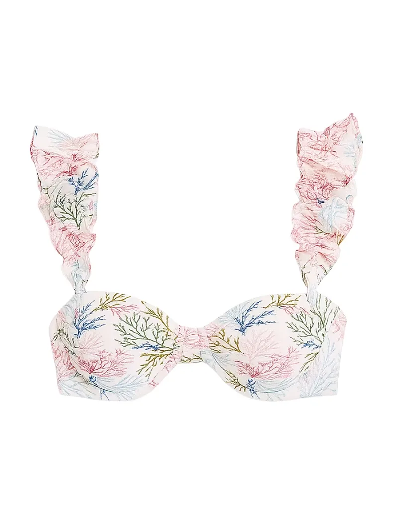 PatBO Women's Seaweed Printed Flutter Bikini Top - Off White - Size Large
