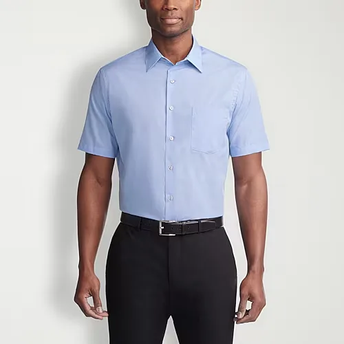 Van Heusen Poplin Mens Regular Fit Easy Care Wrinkle Free Short Sleeve Dress Shirt, 16.5, Blue