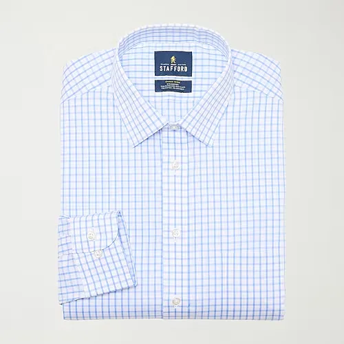 Stafford Smart Tech Mens Regular Fit Stretch Fabric Wrinkle Free Long Sleeve Dress Shirt, 17-17.5 32-33, Blue