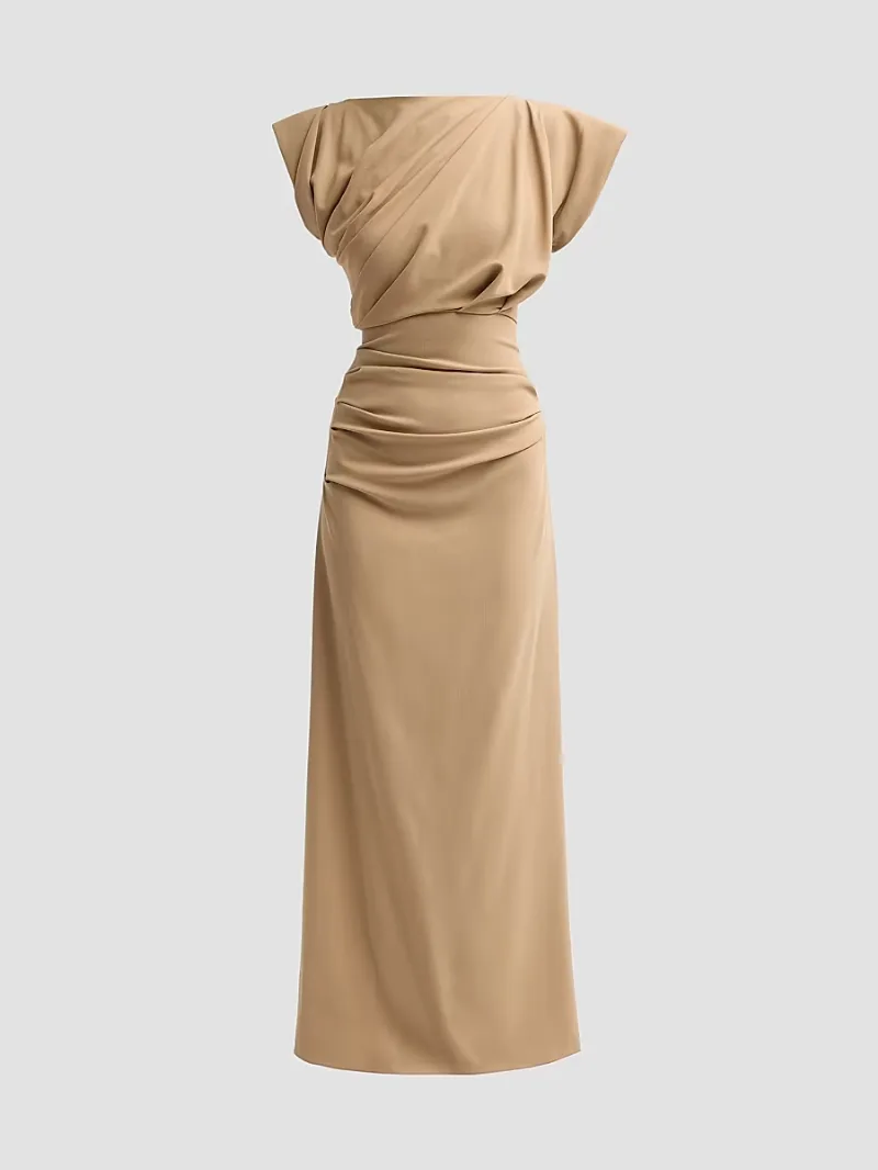 Women's Draped Stretch Wool Column Gown - Fawn - Size 6