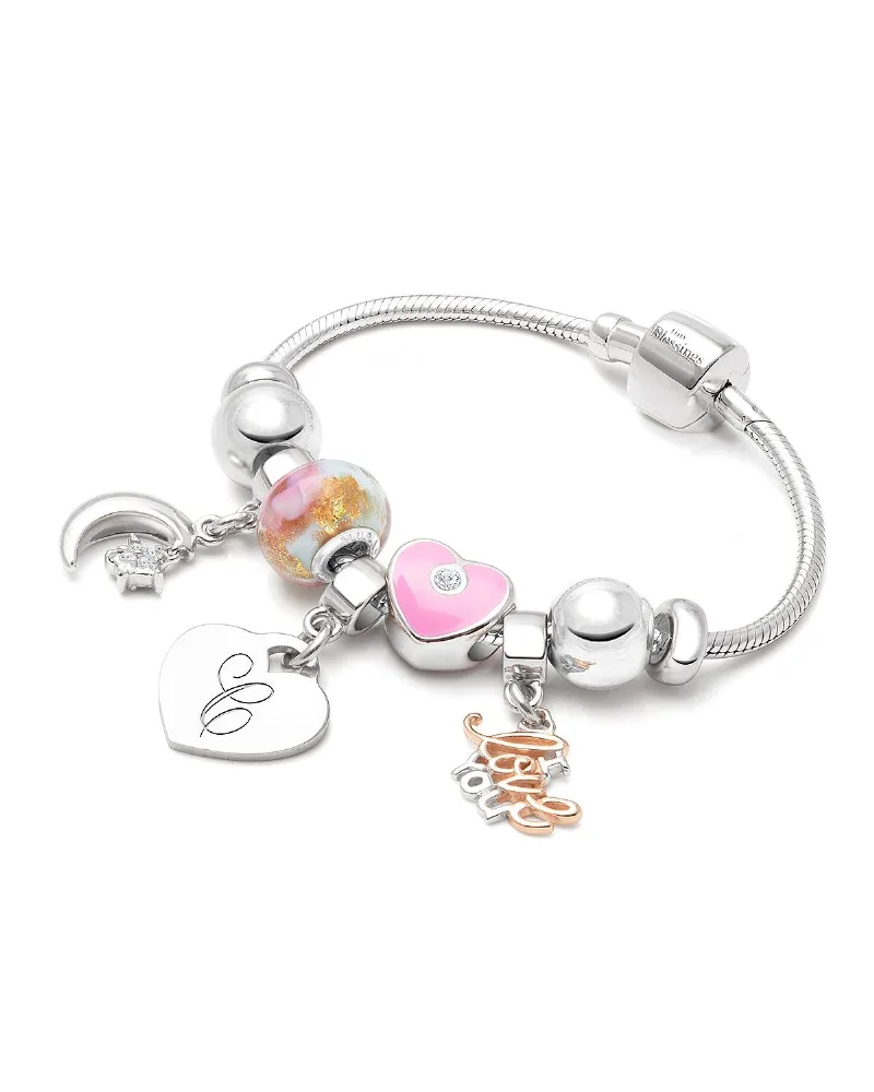 Tiny Blessings Little Girls Children's Sterling Silver Adore Charm Bracelet & Engraved Initial 6" Bracelet - Silver - c