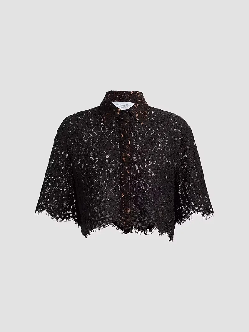 Michael Kors Collection Women's Crop Lace-Trim Shirt - Black - Size 4