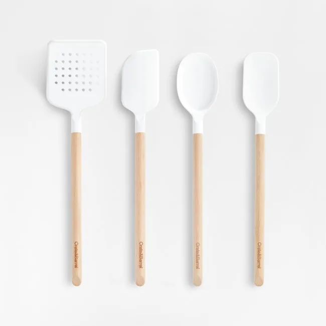 Crate & Barrel White Silicone and Wood Utensils, Set of 4