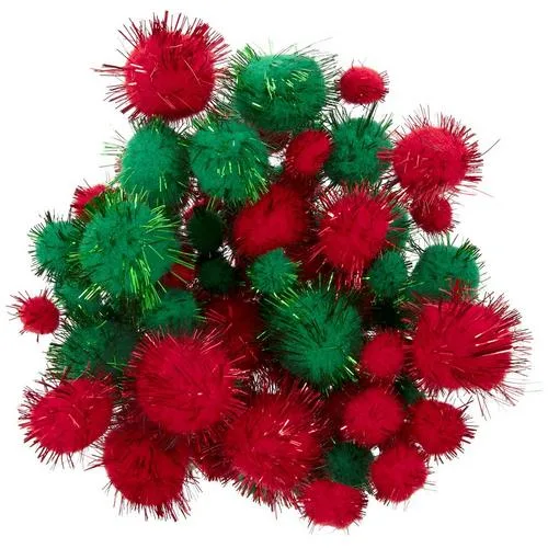 Red & Green Tinsel Pom Poms