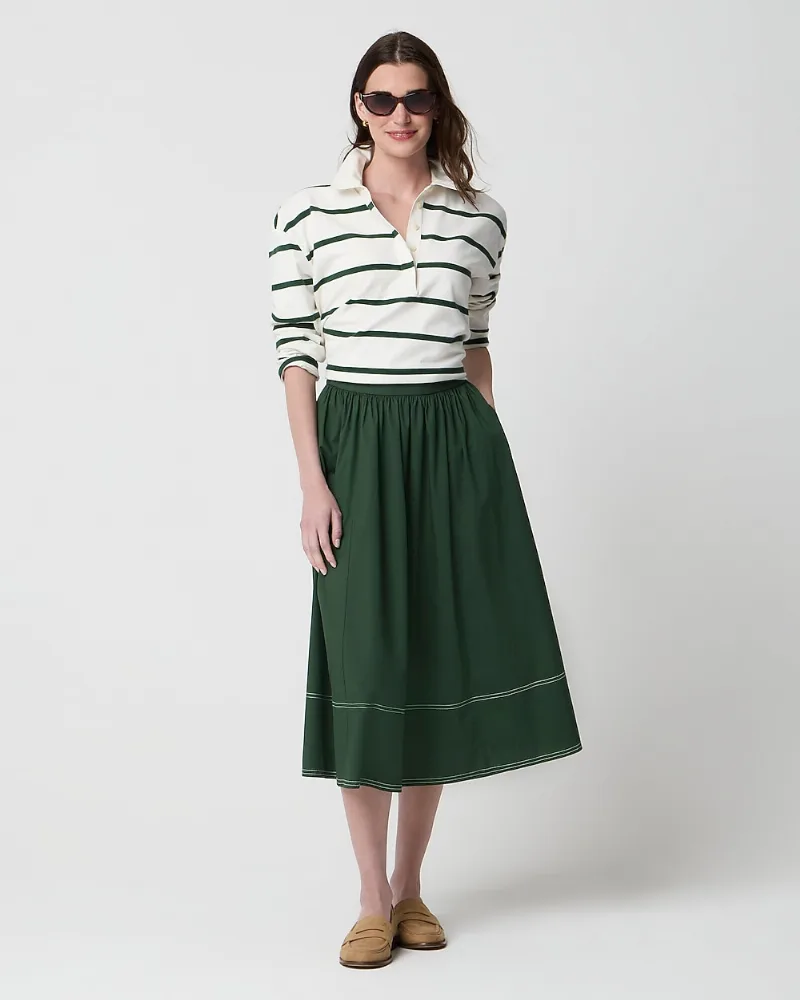 Petite topstitched poplin midi skirt