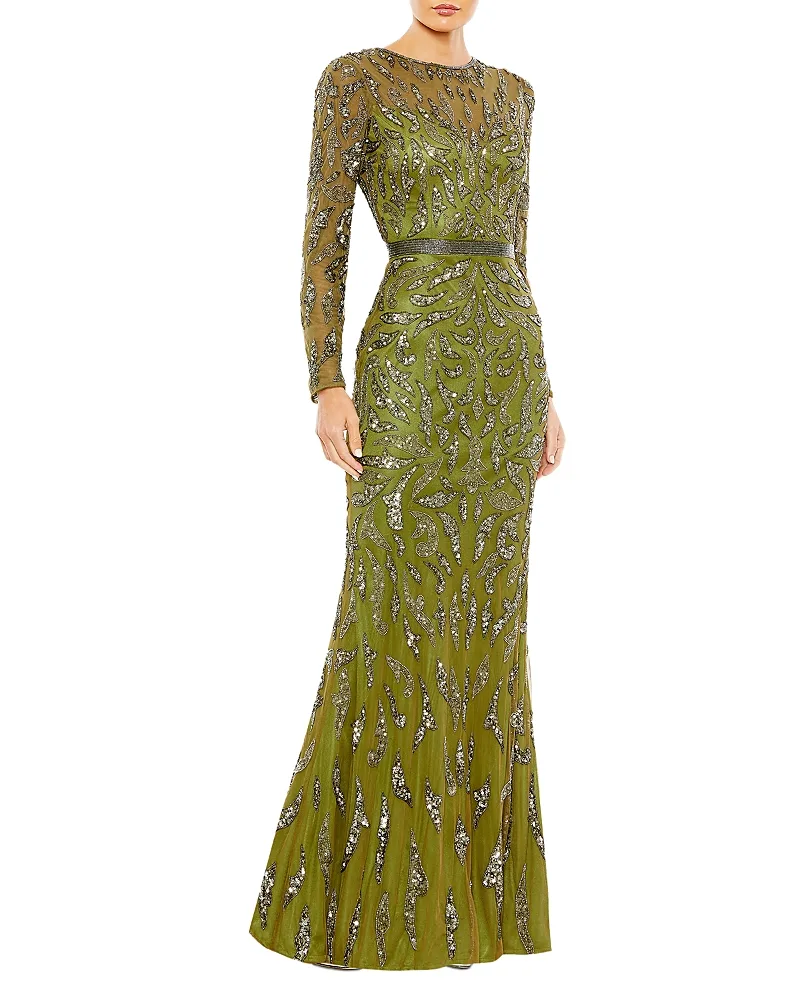 Mac Duggal Beaded Long Sleeve Evening Gown