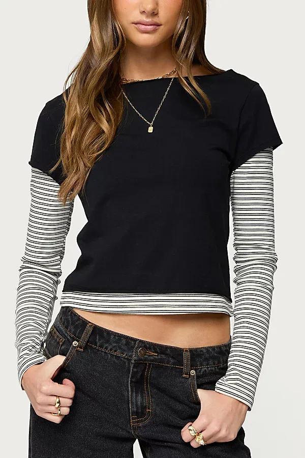 Edikted Layered Stripey Long Sleeve T Shirt in Black, Women's at Urban Outfitters