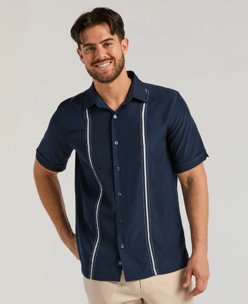 Cubavera Men's Pick Stitch Panel Short Sleeve Button-Down Shirt - Dress Blue
