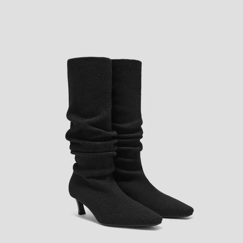 VIVAIA Mini Square-Toe Slouchy Knee-High Kitten Heel Boots (Rumi)|BLACK WOOL|US 8.5