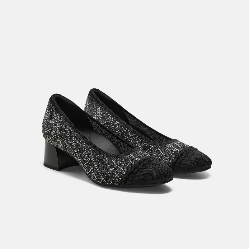 VIVAIA Almond-Toe Stress Free Chunky Heels (Julie Arch Pro)|BLACK WHITE LARGE TWEED|US 10