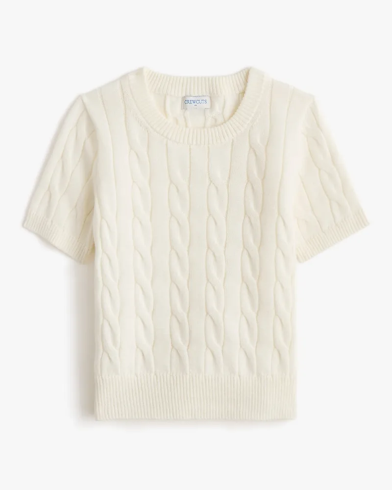 Girls' short-sleeve cotton cable crewneck sweater