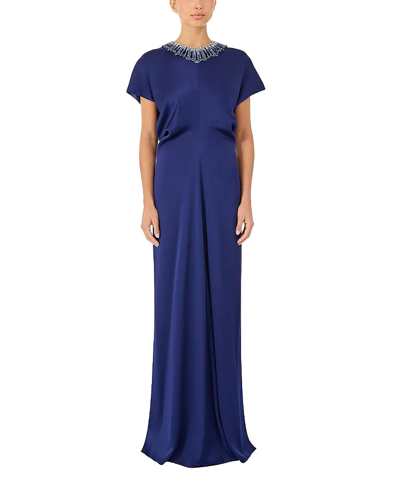 Jenny Packham Novak Embellished-Collar Maxi Dress