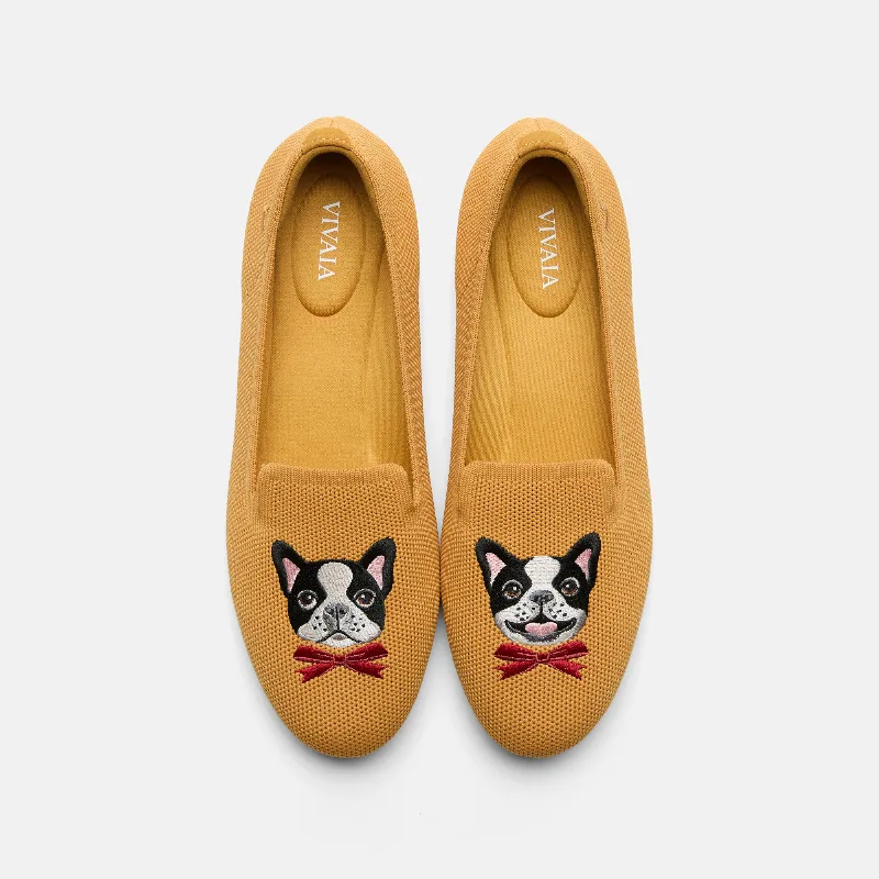 VIVAIA Round-Toe Embroidered Loafers (Audrey)|GINGER YELLOW - FRENCH BULLDOGS|US 10.5
