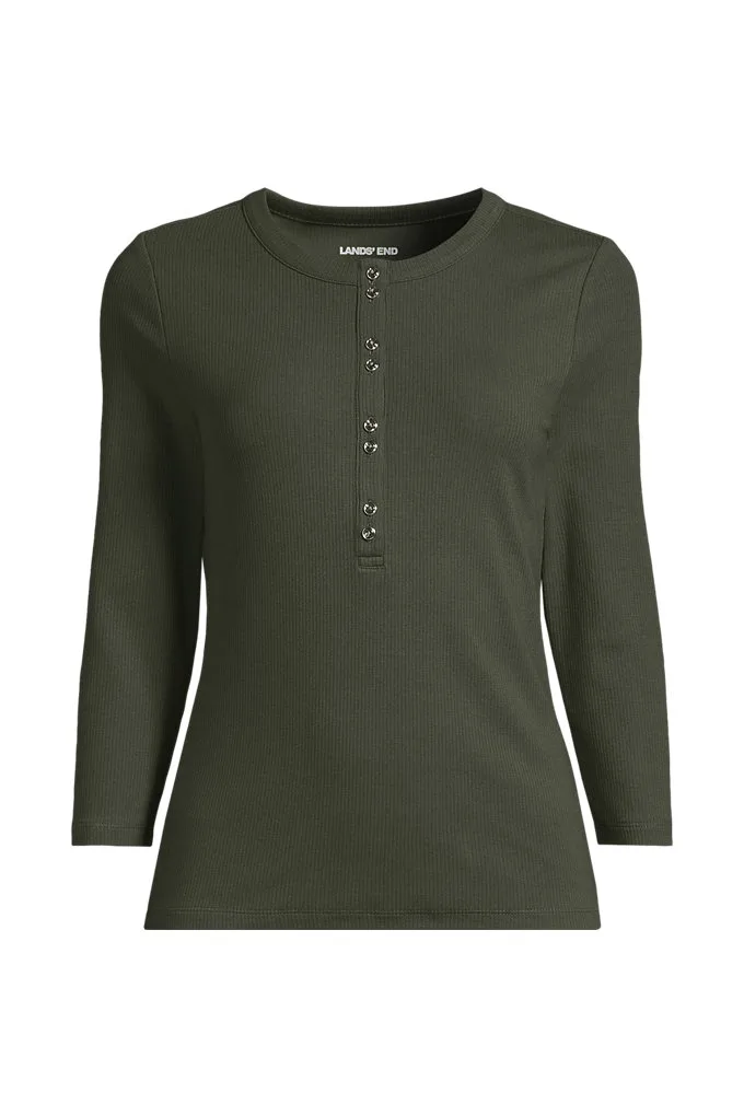 Women's 3/4 Sleeve Polished Rib Henley Top - Lands' End - Green - L