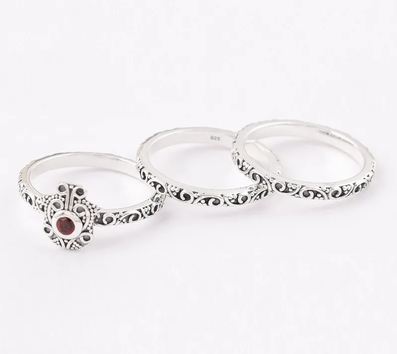 Artisan Crafted Sterling Silver Garnet Stack in Ring Set