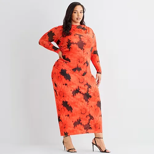 Ashley Graham Mesh Womens Plus Mock Neck Long Sleeve Fitted Floral Bodycon Dress, 3x, Red