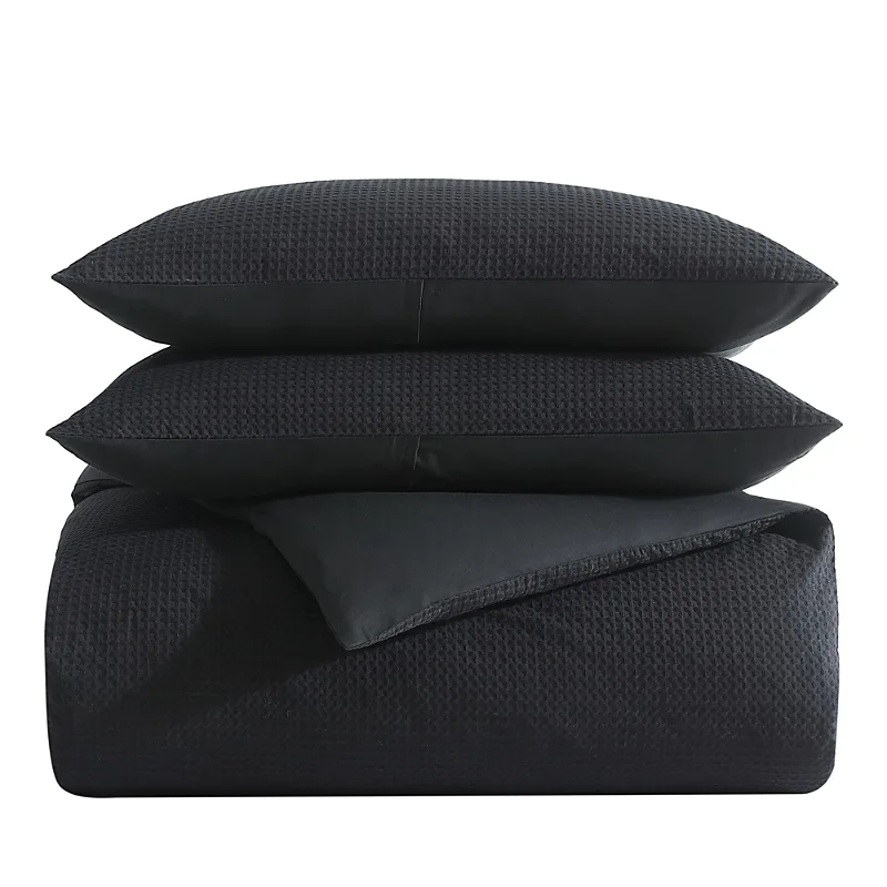 Vera Wang Waffle Pique Black Cotton Duvet Cover Set, Queen