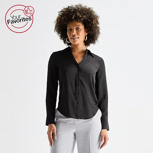 Worthington Womens Long Sleeve Slim Fit Blouse, Petite X-large, Black