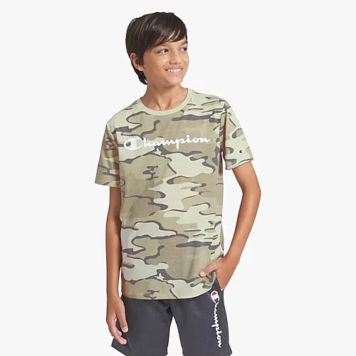 Champion Big Kid Boys Round Neck Short Sleeve Regular Fit Graphic T-Shirt, Large (14-16), Beige