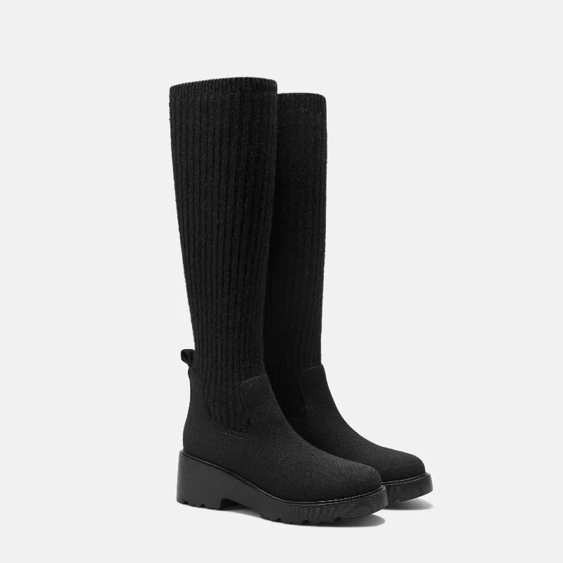 VIVAIA Round-Toe Knee-High Wool Wedge Boots (Eduarda)|BLACK|US 8