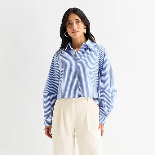 Worthington Womens Long Sleeve Button Front Blouse, Large, Blue