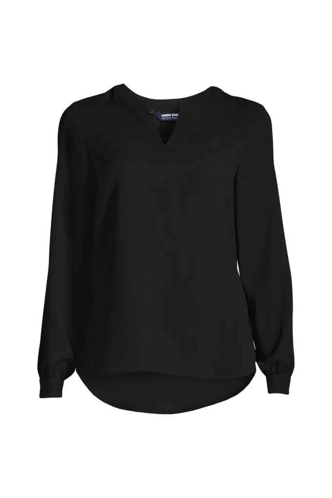 Women's Petite Shirred Long Sleeve Split Neck Blouse - Lands' End - Black - 4