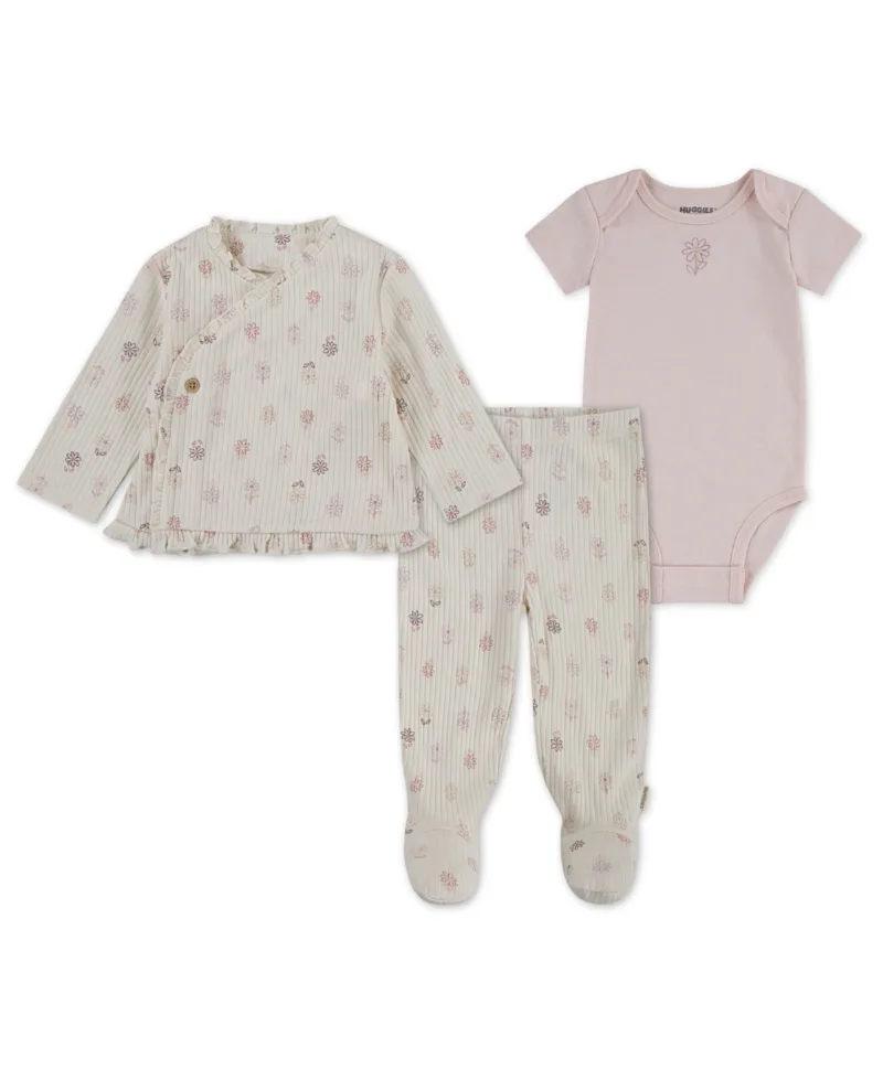 Huggies Baby Girls' Bodysuit, Cardigan Jacket, and Pants, 3-Piece Set - White