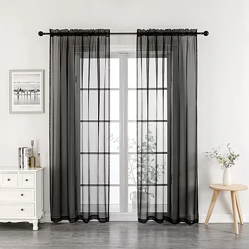 Crystal Sheer Rod Pocket Sheer Set of 2 Curtain Panel, One Size, Black