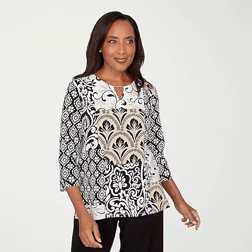 Alfred Dunner Classics Womens Crew Neck 3/4 Sleeve T-Shirt, Petite Small, Black