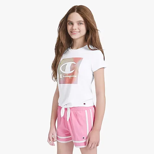 Champion Tie Front Big Kid Girls Crew Neck Short Sleeve Regular Fit Graphic T-Shirt, X-large (16), White