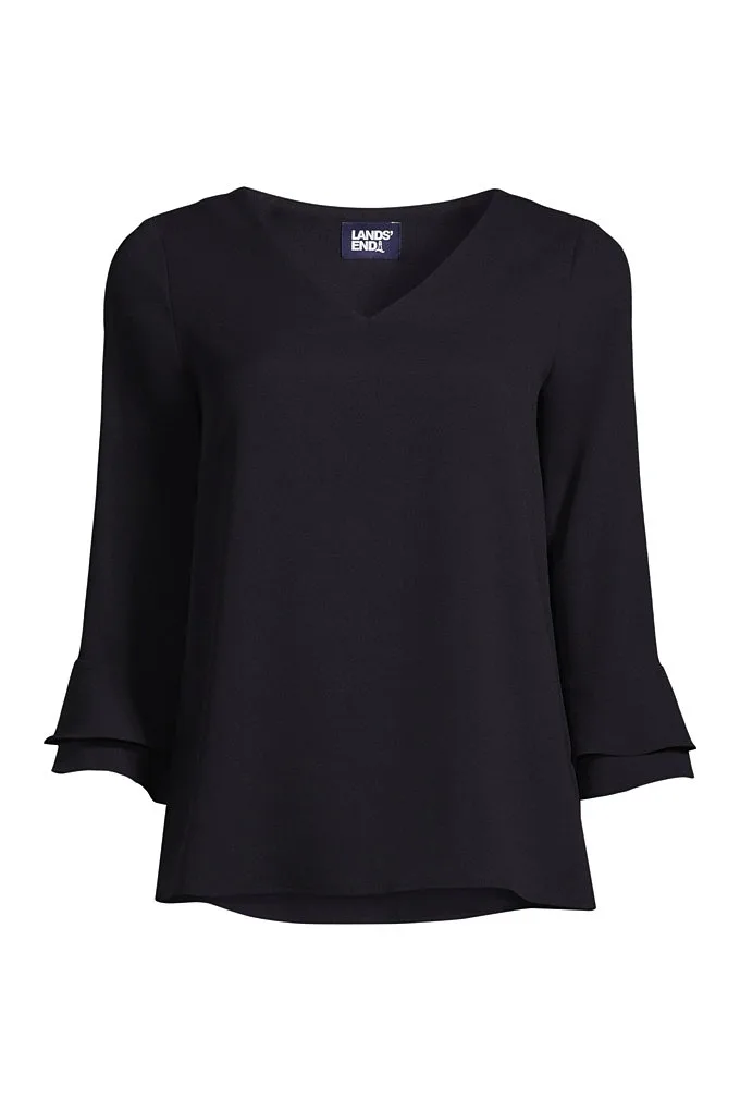 Women's Petite 3/4 Flutter Sleeve Crepe Blouse - Lands' End - Blue - 6