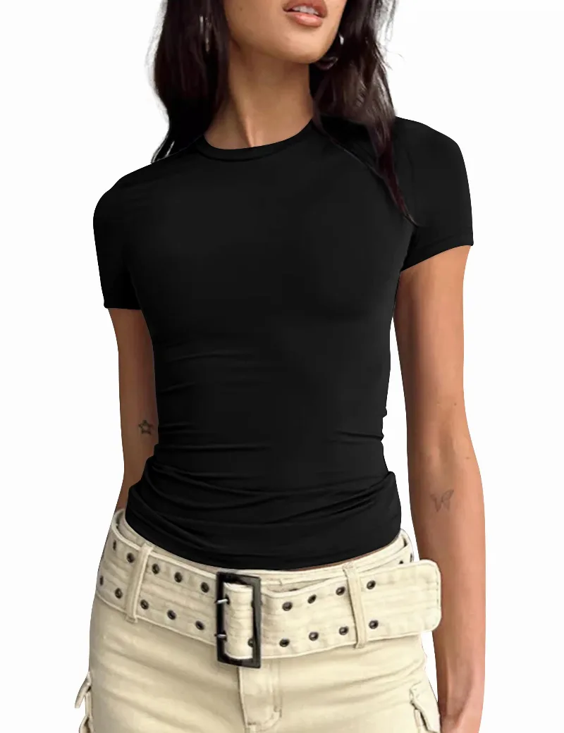 BAIGRAM Women’s Basic Slim fit Crop Top Tee Shirt Short Sleeve Workout Round Neck Cropped Tshirt Medium Black