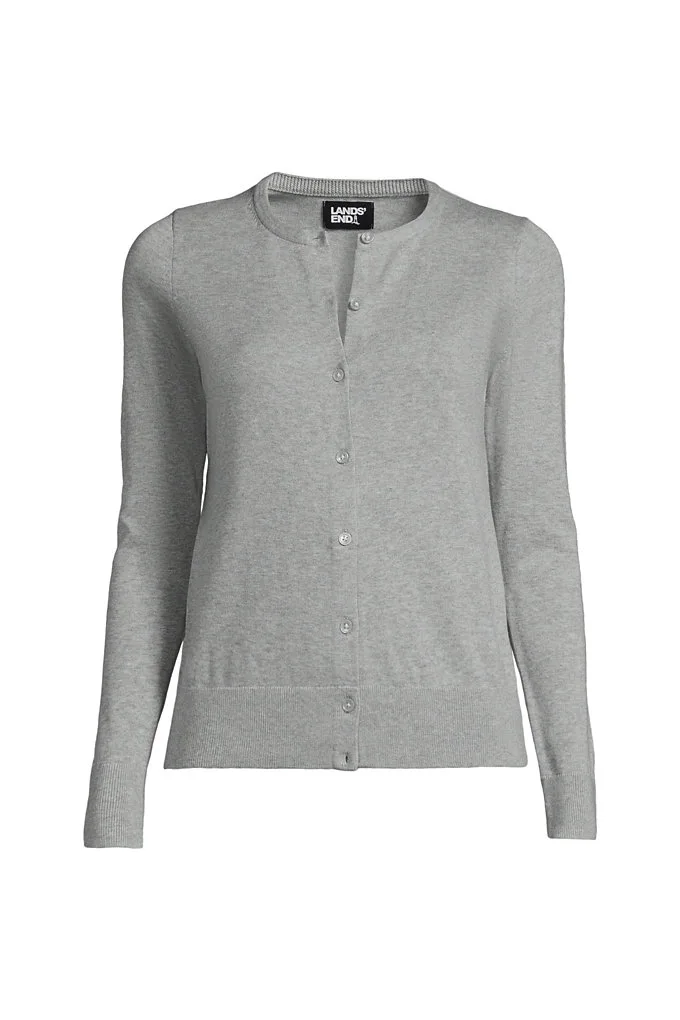 Women's Fine Gauge Cotton Cardigan Sweater - Lands' End - Gray - L