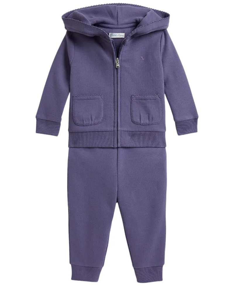 Polo Ralph Lauren Baby Girls' Picot-Trim Fleece Hoodie and Jogger Pants, 2-Piece Set - Summer Purple