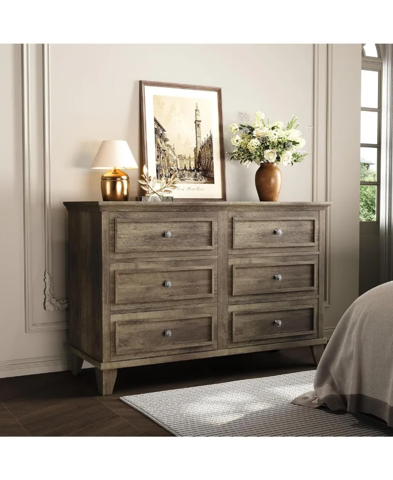 gaomon 6-Drawer Dresser, Wooden Storage Chest with Metal Handles, Large Wide Dresser Tv Stand - Grey