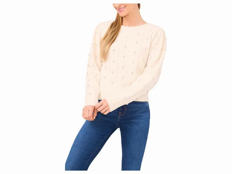 CeCe Pearl Embellished Pointelle Sweater Women's Sweater Buttercream : MD, Polyester/Spandex