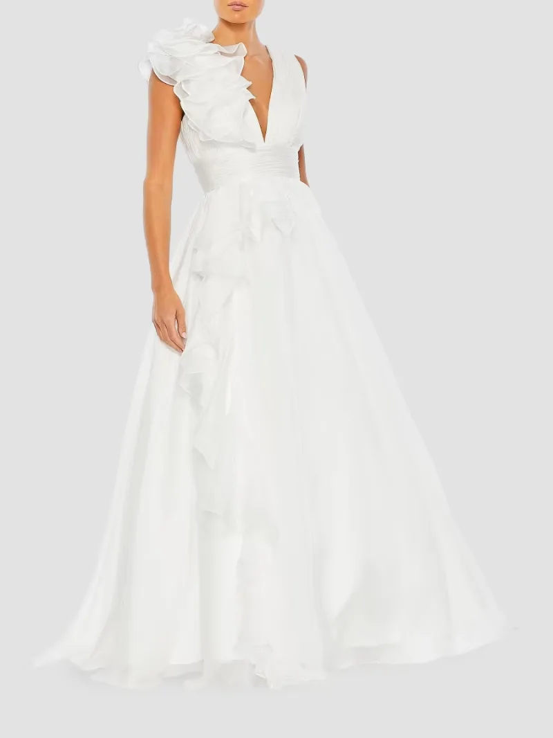 Mac Duggal Women's Ruffle Shoulder V-Neck Gown - White - Size 0