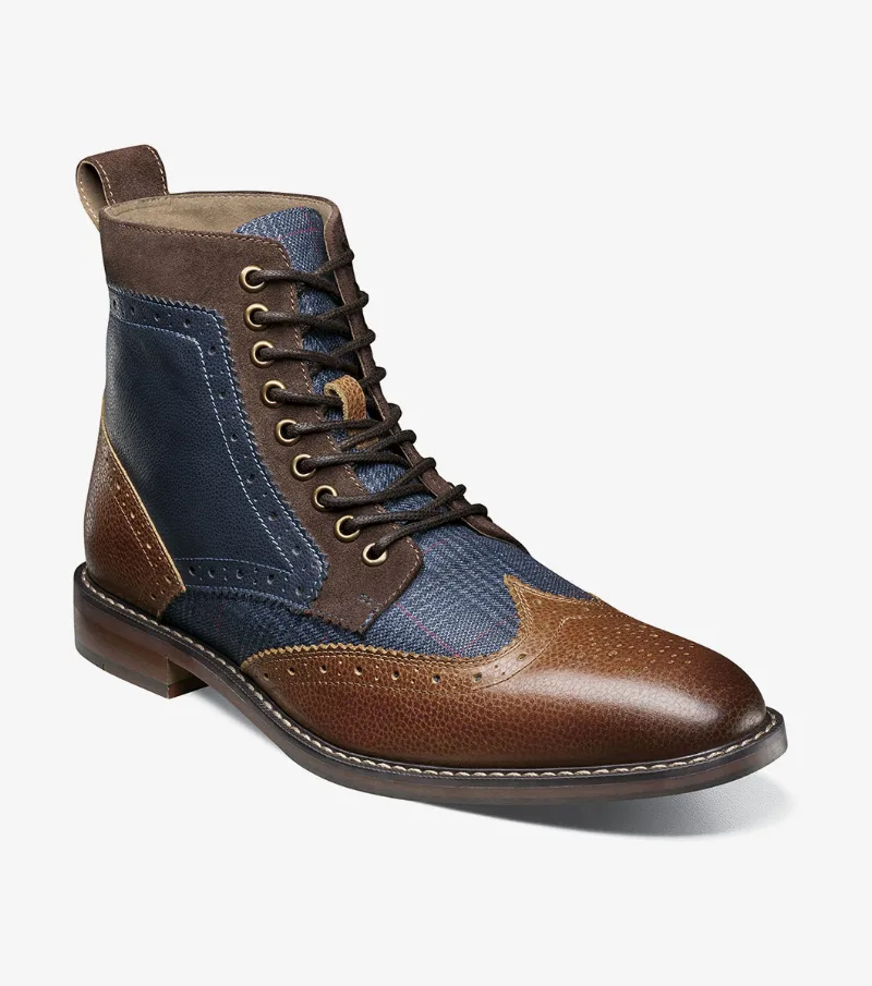 Stacy Adams Shoes Finnegan Wingtip Lace Up Boot Cognac with Navy Size 7.5
