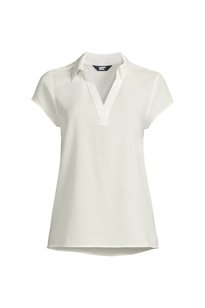 Women's Short Sleeve Split Neck Crepe Blouse - Lands' End - Ivory - 18