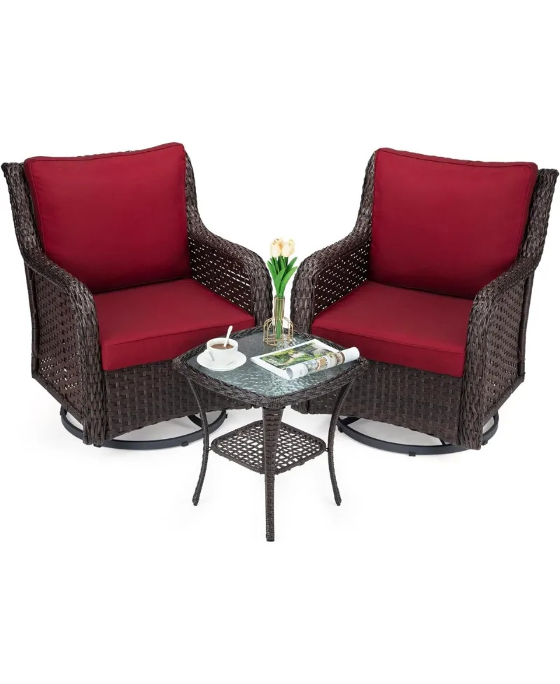 homfan Piece Outdoor Wicker Bistro Set, Swivel Rocker Chairs with Cushions and Glass Table for Patio or Garden - Red