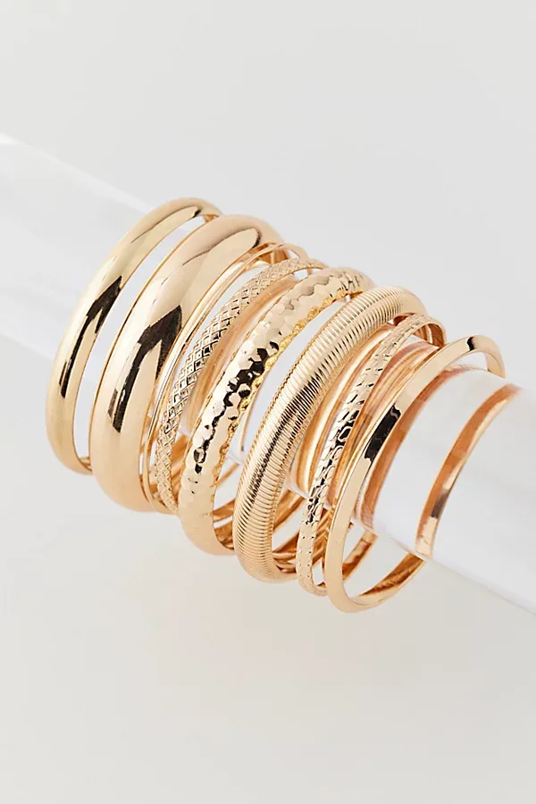 Textured Metal Bangle Bracelets Set in Gold, Women's at Urban Outfitters