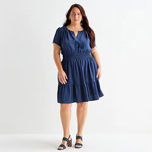 Be by CHETTA B Womens Plus Split Crew Neck Short Sleeve Fitted Fit + Flare Dress, 2x, Blue