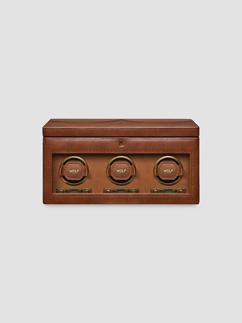 Wolf Designs Brogue Triple Watch Winder Storage Box - Burnished Brown